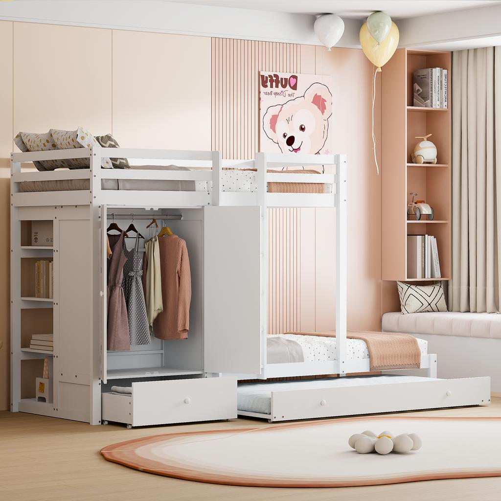 Massivholz-Etagenbett 90*200 mit Ausziehbett, Multifunktionales Kinderbett mit Kleiderschrank, Schubladen und Staufach, Weiß