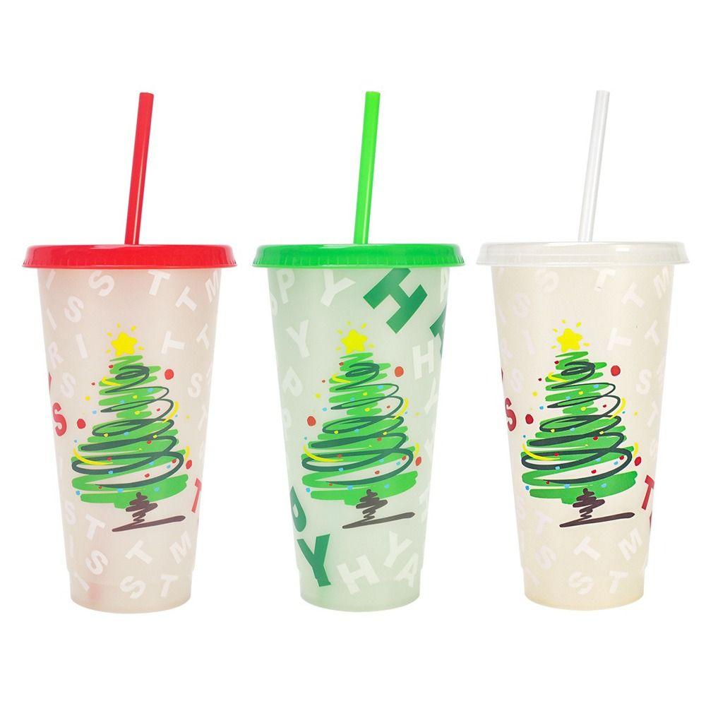 24oz Capacity Color Changing Cup With Straws With Lids Iced Coffee Cup Reusable Plastic Material Cold Drink Cup Christmas Party