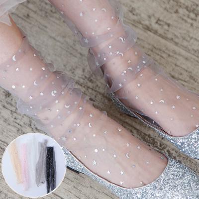 1 Pair Summer Fashion Candy Color Thin Mesh Tulle Ankle Socks WomenTransparent Elastic Mesh Shiny Stars Moon Fishnet Socks