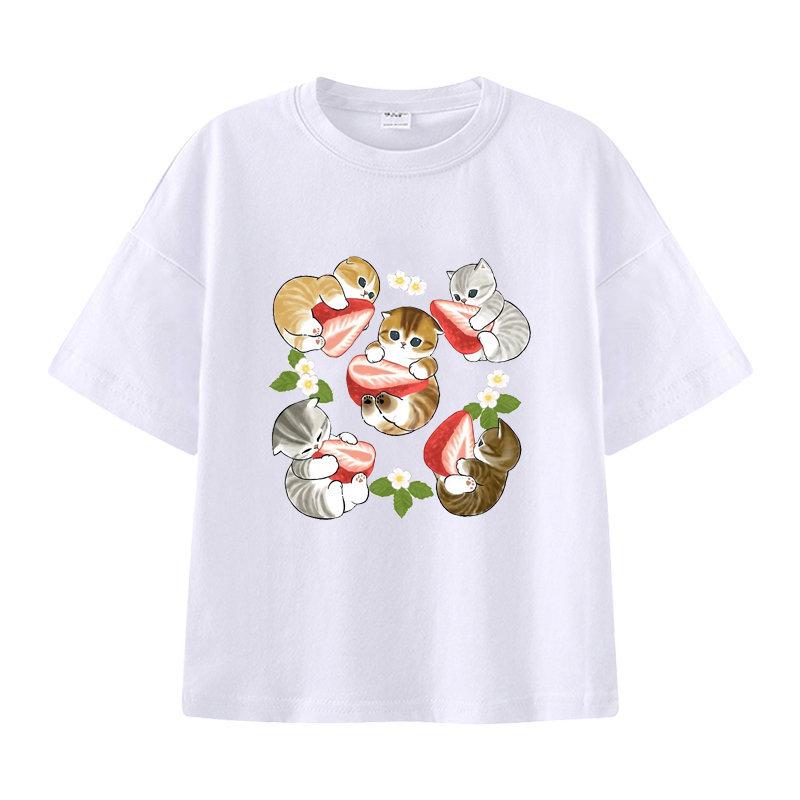 New Summer Catprinted Shortsleeved Tshirt A Cute and Trendy Outfit Featuring A Cartoon Shark Cat Kids Clothes Boys  Girl