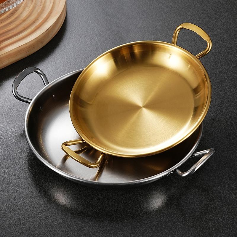 Korean Style 304 Stainless Steel Snack Plate Gold Plated Double Handle Fries Chicken Plate Thickened Cold Dish Pickle Tray