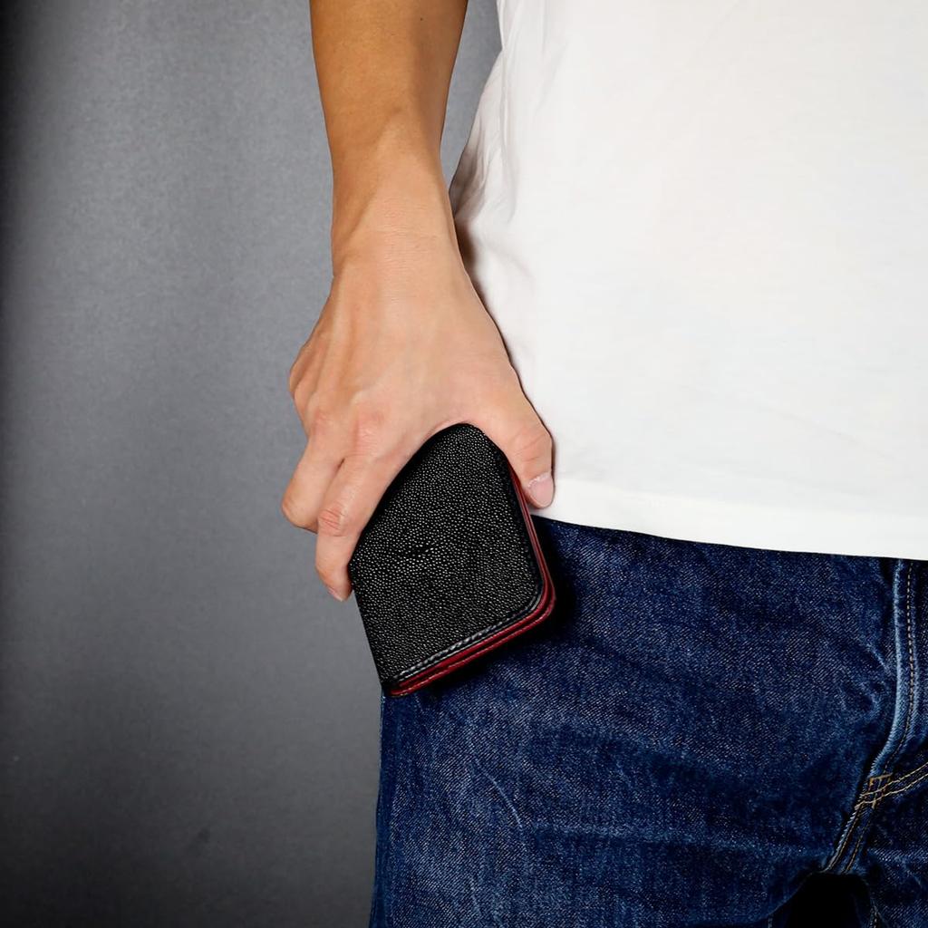 [Revetta] Stingray Leather Bi-fold Wallet, Galusha, Black/Red, Caviar Finish, Men's Genuine Leather [253stw-1]