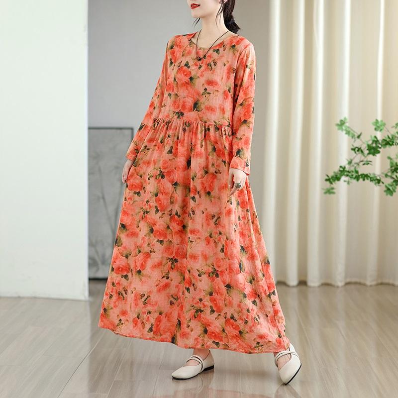 Long sleeve plus size cotton vintage floral new in dresses for women casual loose spring summer autumn dress