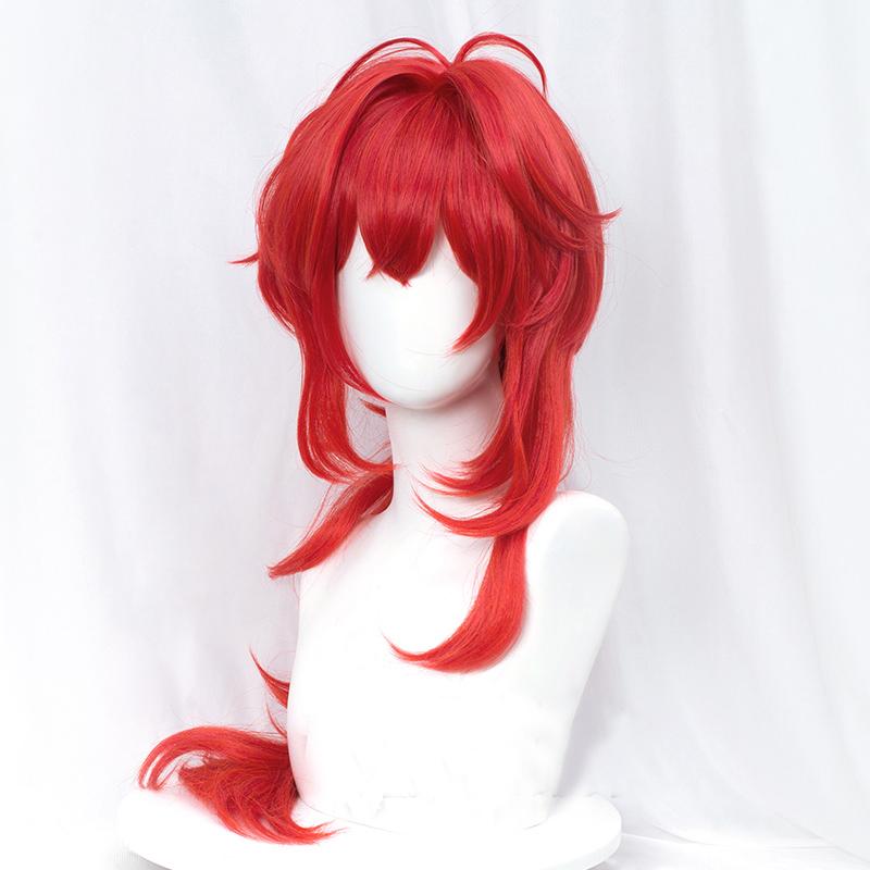 Diluc peruka Cosplay rude włosy długie kręcone stylizowane żaroodporne dla dorosłych mężczyzn kobiety Halloween do odgrywania ról + czapka z peruką