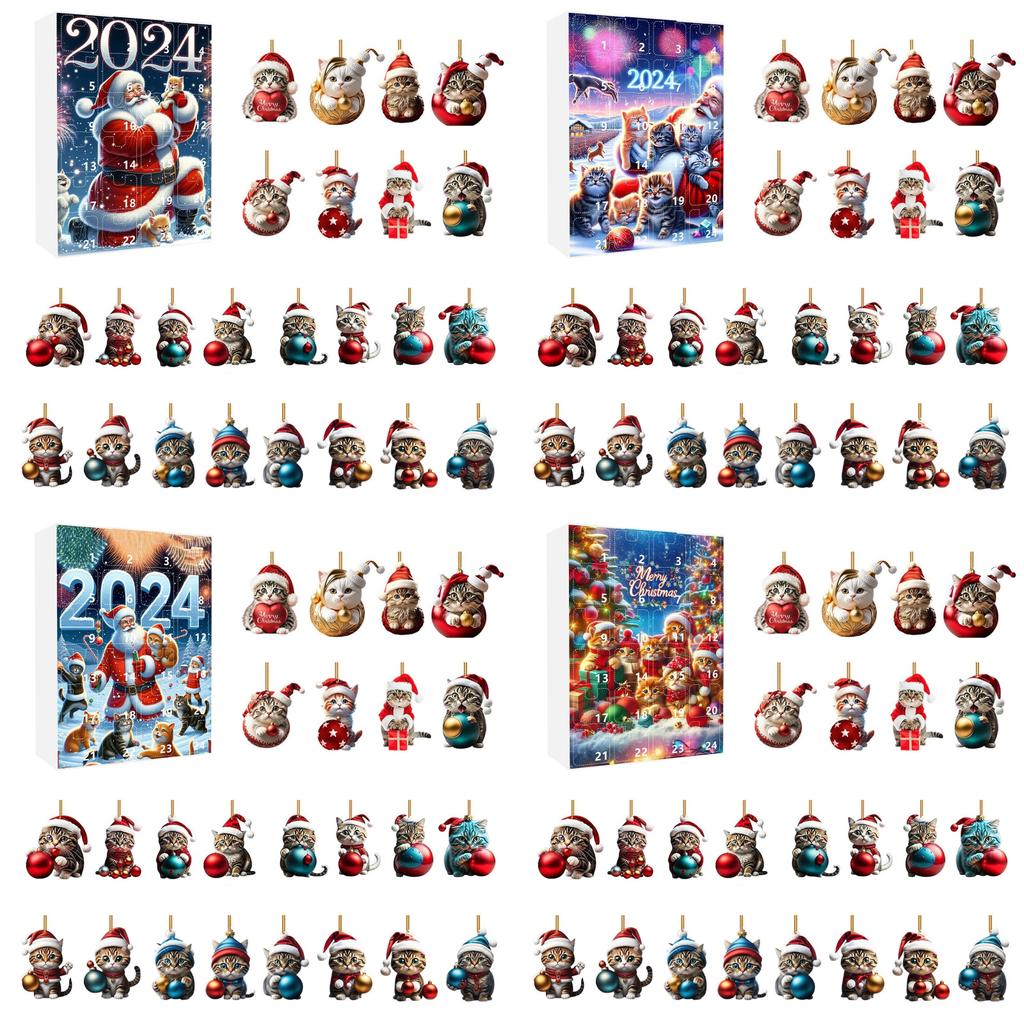 Christmas Countdown Blind Box With Acrylic Cat Car Pendant For Holiday Gift Giving