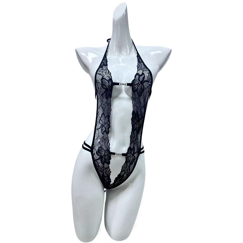 Sexy Female Perspective Lace One-piece Erotic Underwear Front Open Chest Temptation Neck Sm Uniform Pure Desire