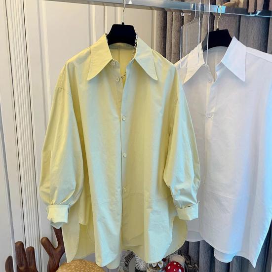 Women's Shirt Cotton Long Sleeve Loose Fit Blouse Solid Color Pointed Lapel Collar