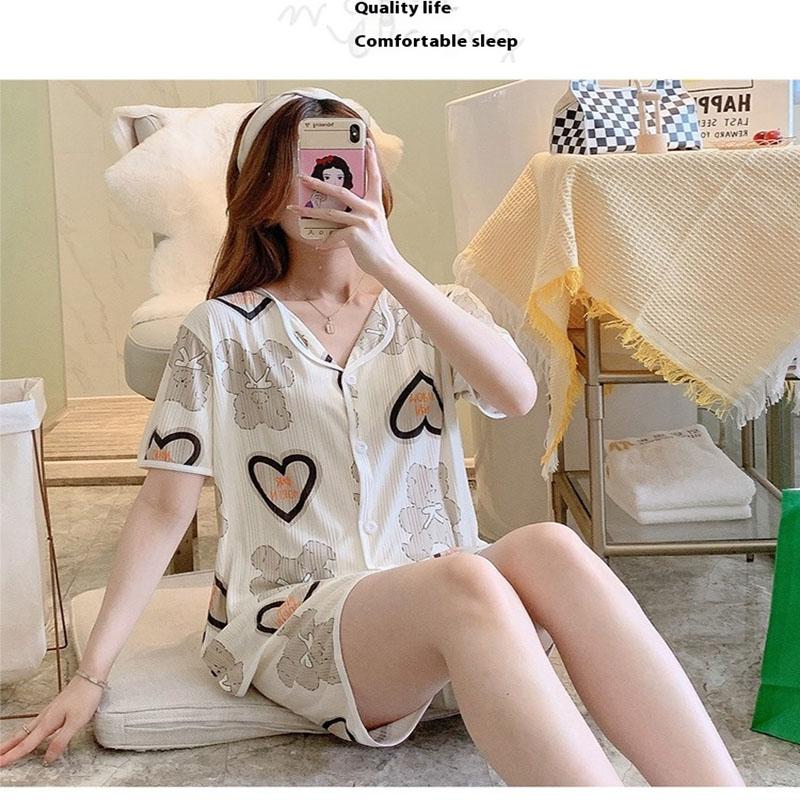 Üç Parça Set Kadın Uyku Giyim İpek Kısa Kollu Pantolon Pijama Bayan Karikatür Ayı Kiraz Yaka Hırka Seksi Gecelik