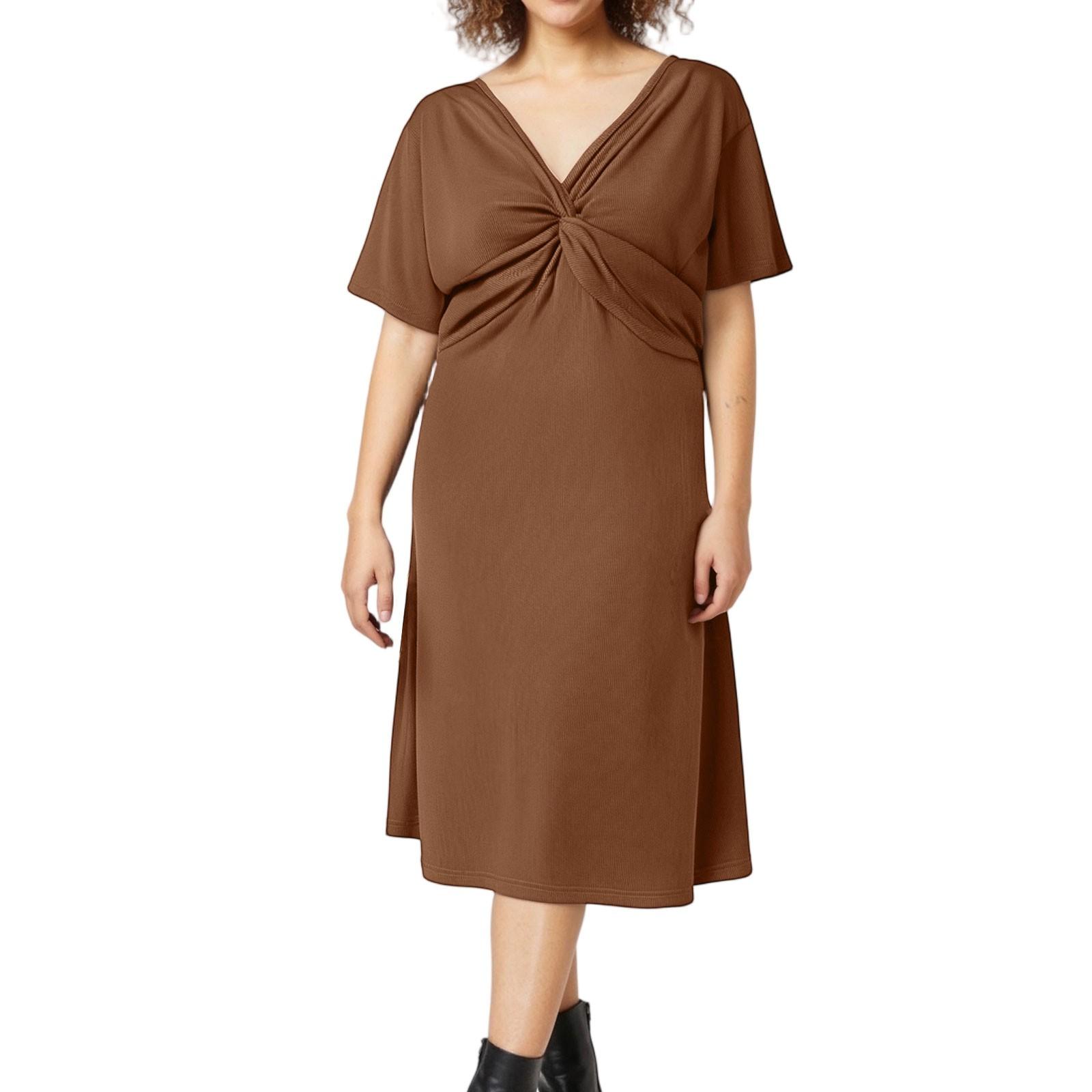 

Women s Fashion Casual V-Neck Twisted Knot Solid Color Short Sleeve Plus Size Dress XL