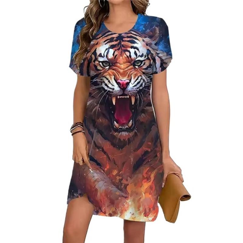 

Платья с тигровым принтом для женщин, повседневное винтажное платье с 3D-принтом, женское модное платье с коротким рукавом и большими размерами, летняя одежда 5XL