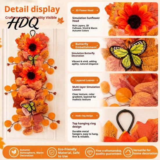Fall Sunflower Garland with Butterflies Artificial Wall Hanging Maple Leaf Butterfly Autumn Harvest Decoration for Hanging Wreath Indoor Outdoor