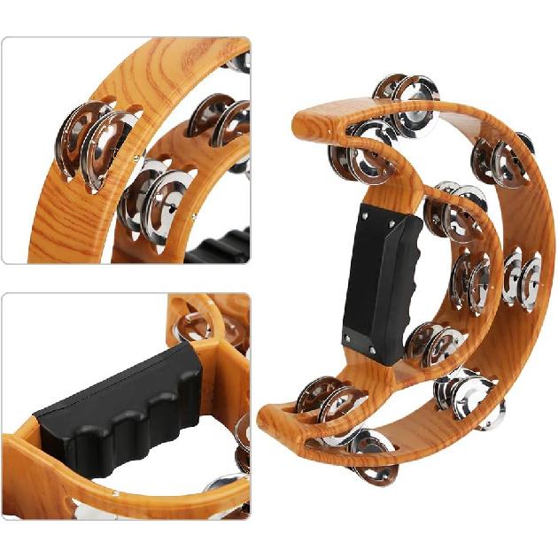 Double Row Jingles, Half Moon Musical Tambourine Double Row Handbell Tambourine Metal Jingles with Ergonomic Grip Percussion Instrument for KTV Party