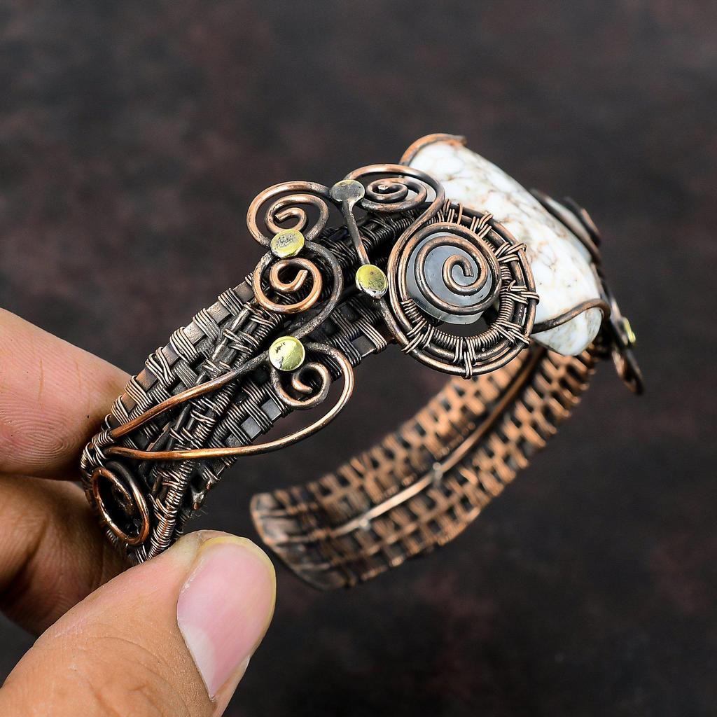 Wild Horse Magnesite Cuff Bracelet Rainbow Moonstone Bangle Copper Wire Wrapped Adjustable Bangle Handmade Gemstone Bracelet Copper Jewelry
