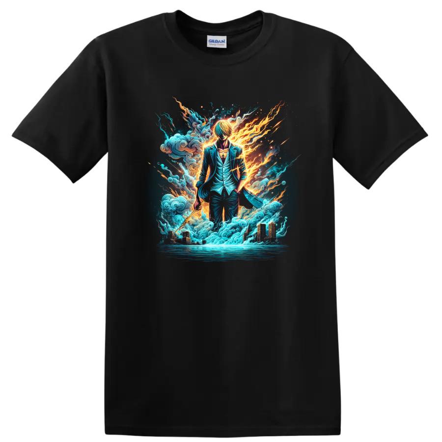 Sanji Anime T Shirt w/ Fiery Warrior Ocean Waves Fantasy City Graphic Art Tee