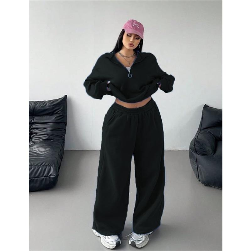 

Женские комплекты больших размеров, свободный повседневный модный пуловер-кардиган с половиной застежки-молнии, брюки, осенне-зимний комплект из двух предметов XL чёрный