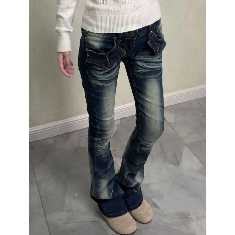 American Vibe Spicy Girl Retro Washed Embroidered Flared Jeans for Women High Street Y2K Stretch Slim-Fit Long Pants