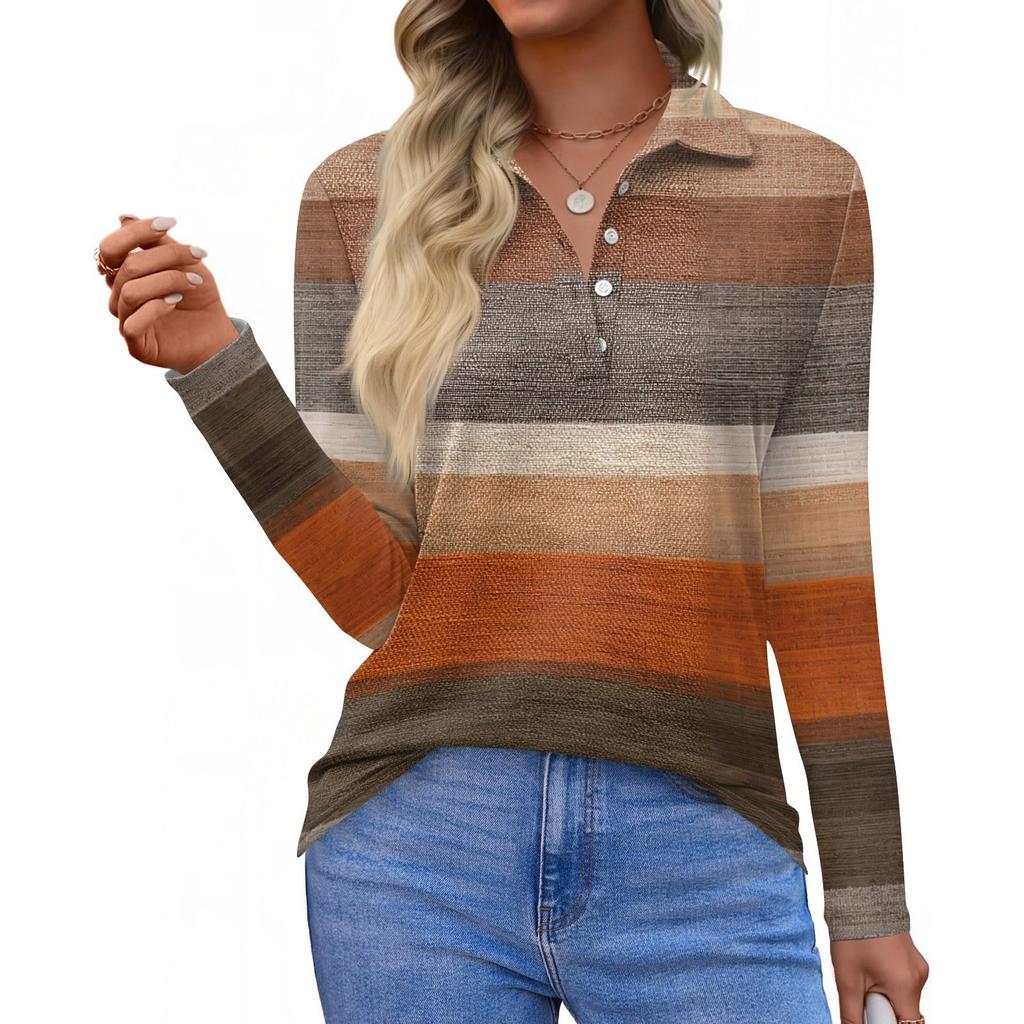 Damenmode Casual Revers Kurze Langarm Print Shirt Damen Button Up Tops