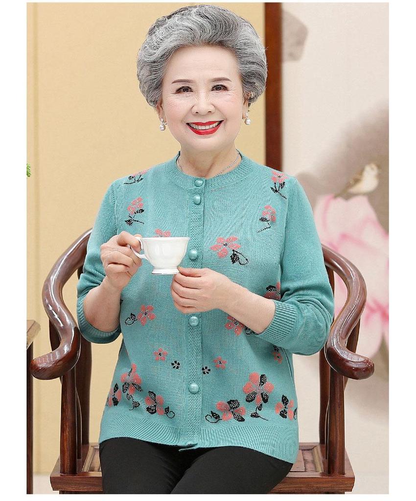 Middle-aged and Elderly Women's Spring and Autumn Sweater Knitted Cardigan Mom Clothing Grandmother Warm Coat Autumn and Winter Tops