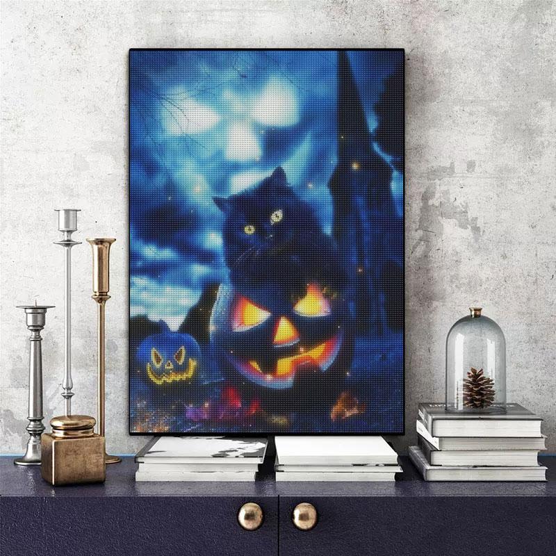 Halloween Full Round Diamond Painting Cat Embroidery Pumpkin Pictures Of Rhinestones Mosaic Wall Art 30x40cm/12x16inch