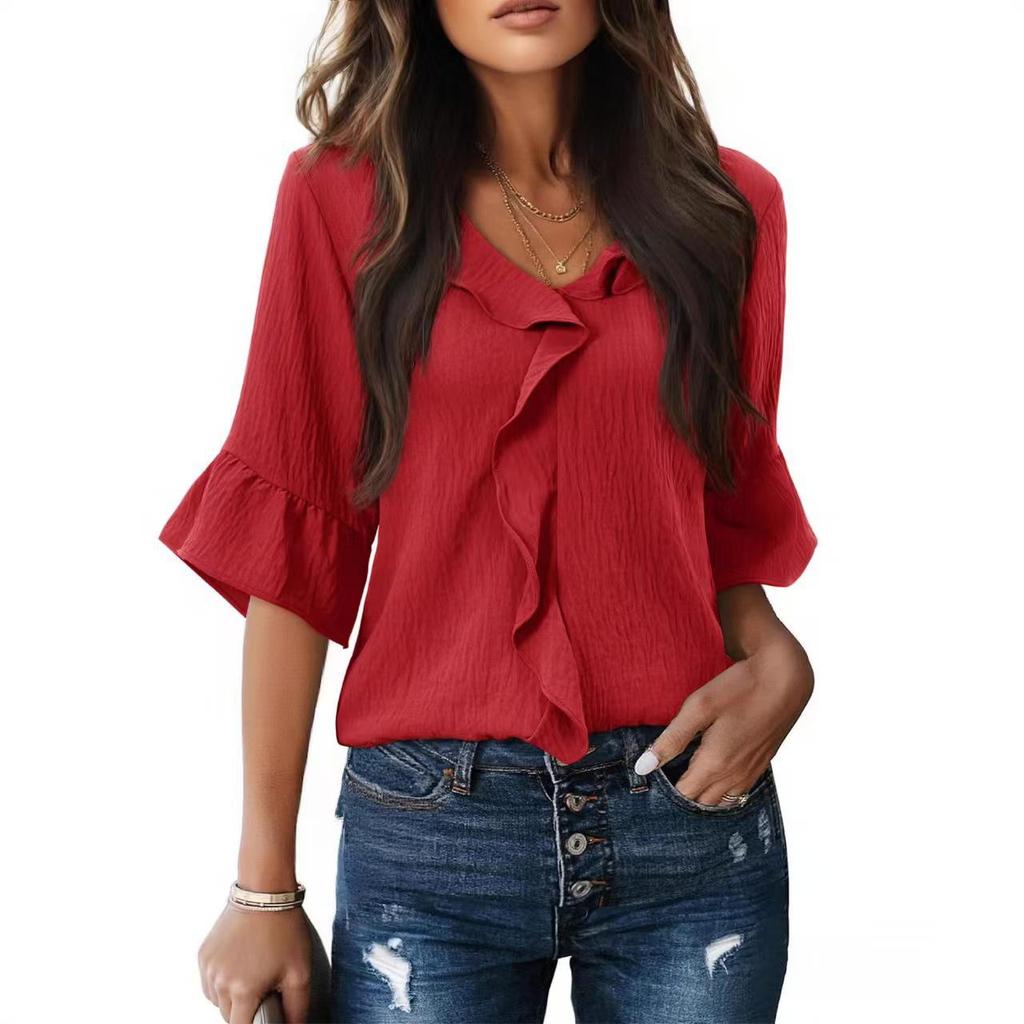 2026 Spring/Summer European & American V-neck Pleated Ruffle Loose Top