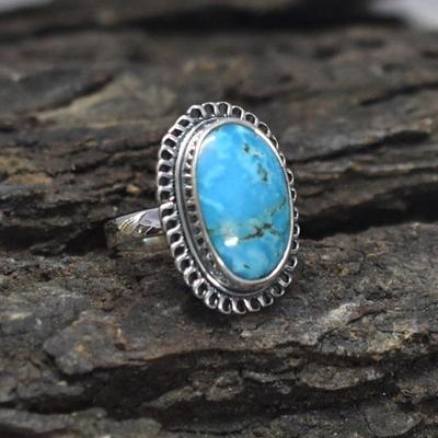 Tibetan Turquoise Silver Ring, Sterling Silver Ring 925 for Women, Turquoise Gemstone Boho, Simple Ring with Stone, Blue Gemstone Birthstone