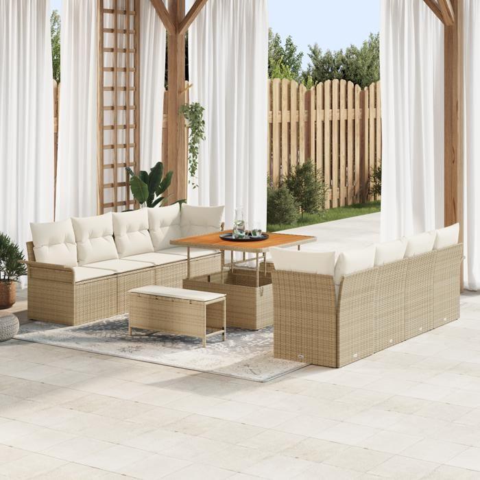 Ensemble de canapé jardin 11 pièces avec coussins beige en poly rotin acacia, Canapé jardin 2 places avec coussins beige 3362116