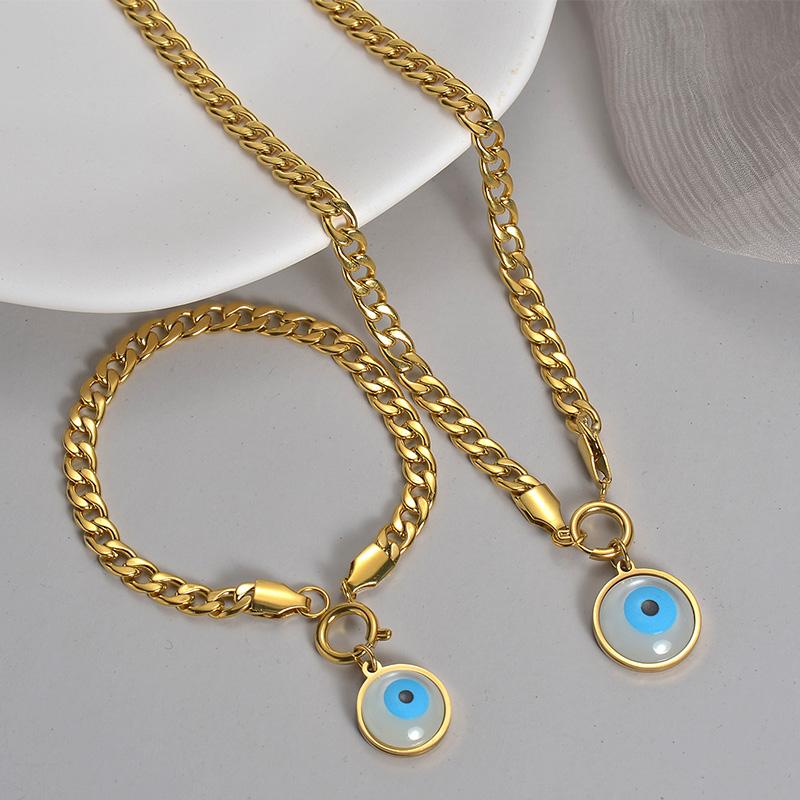 

2024 Модный трендовый набор ожерелья и браслета с подвеской в виде синего глаза, простой из нержавеющей стали, золотого цвета, с цирконом, для женщин, подарок, бесплатная доставка