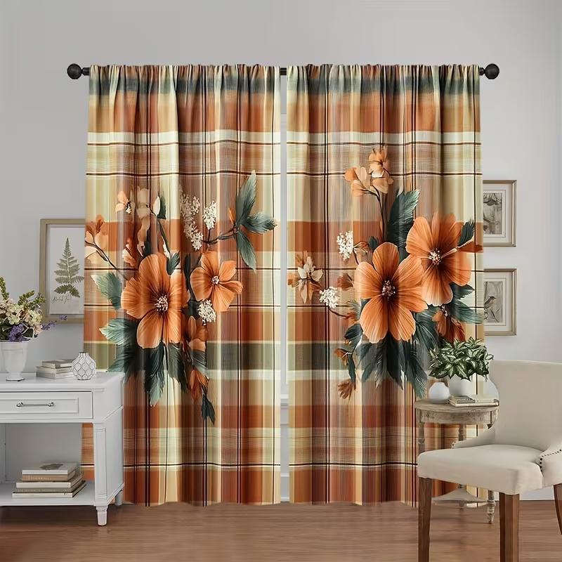 2Pcs Retro checkered flower print curtains,suitable for bedroom,living room kitchen decoration,home decoration,window decoration