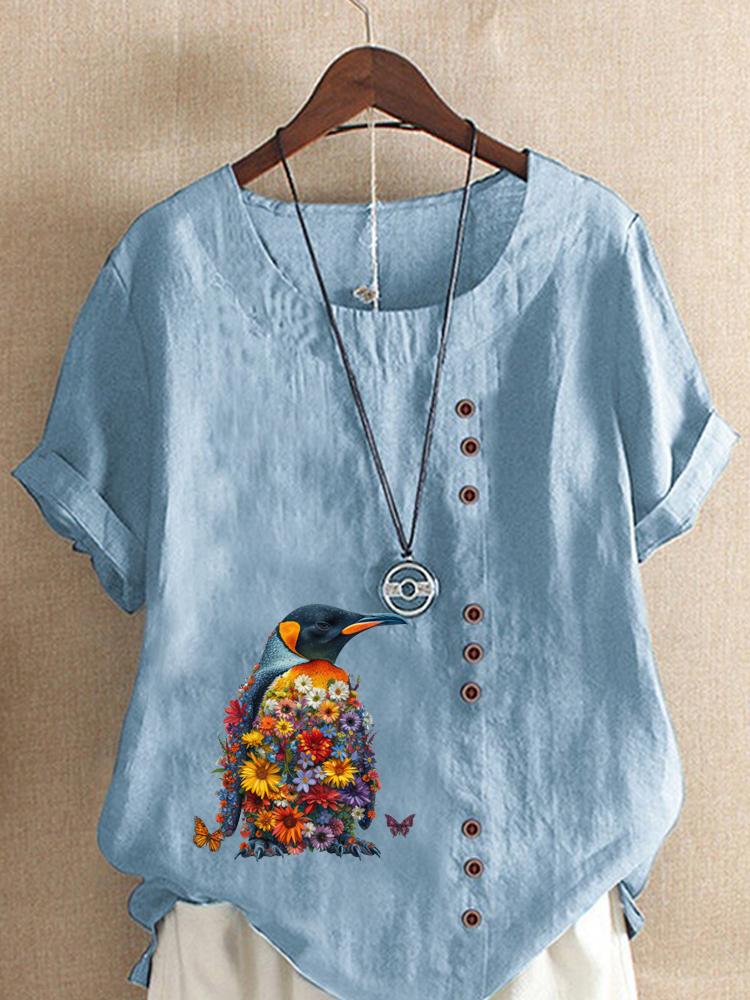 Women's Fashion Penguin Floral Print Round Neck Short Sleeve T-shirt Casual Cotton Linen Graphic Shirt Leisure Loose Summer Blouse Tops