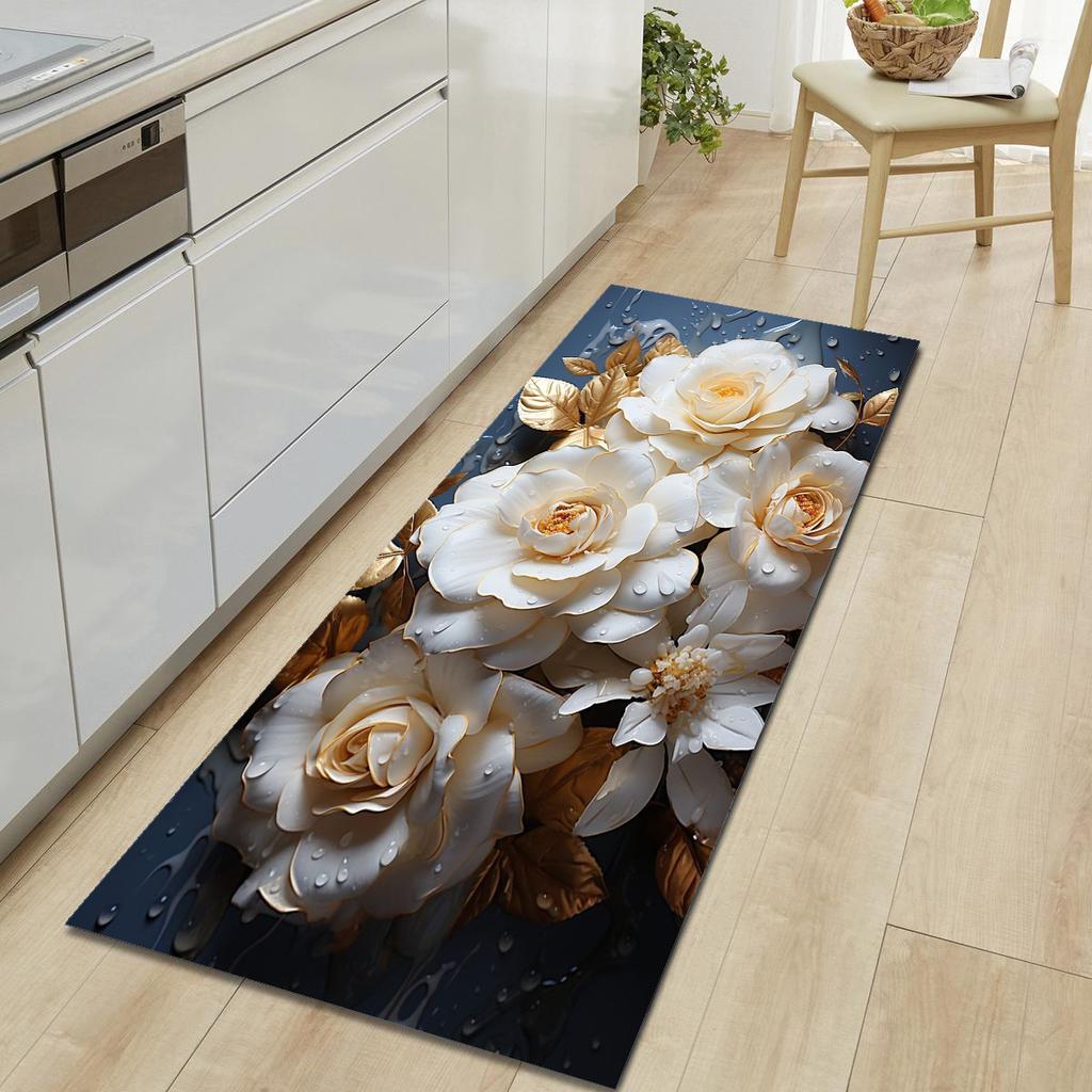 1Pcs Cat Rose Pattern Floor Mat Modern Kitchen Polyester Rug Non-Slip Colorful Indoor Carpet, For Home Bathroom Bedroom Living Room Decor