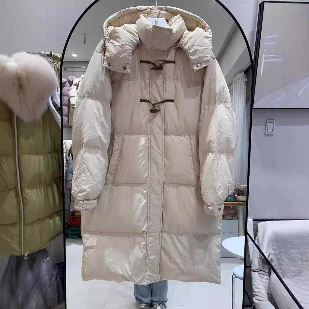 2024 Long Hooded Over Knee Down Jacket Women's Loose Skinny Sweet Fashion College Wind Corner Button Winter Jacket