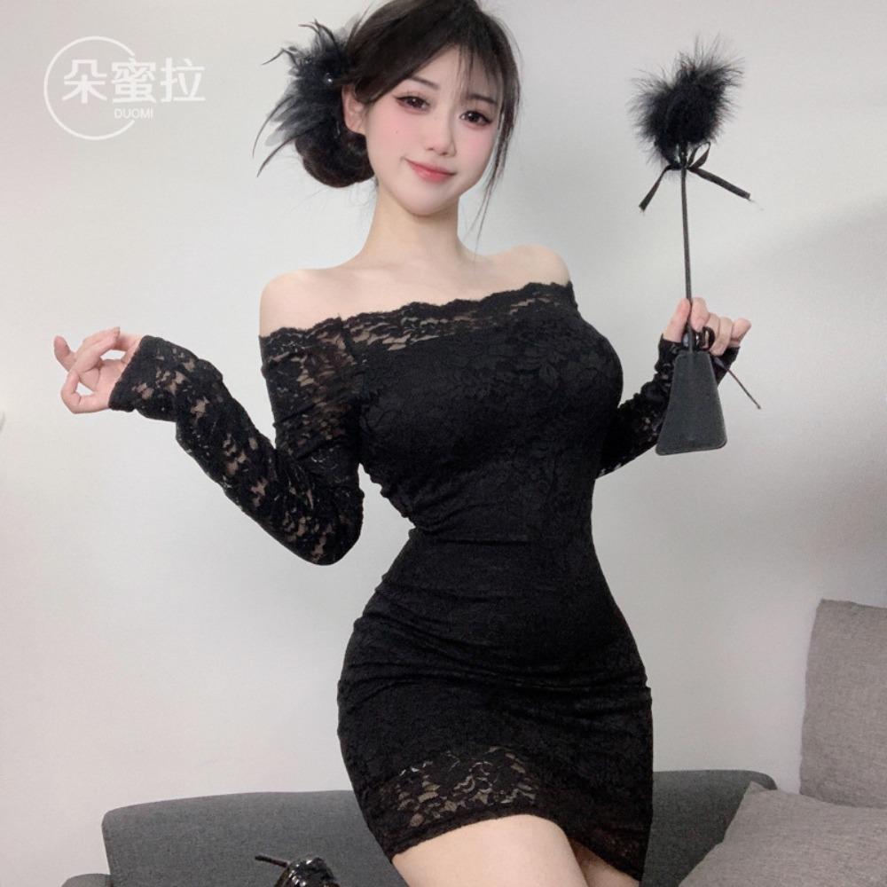 Domila's New Erotic Pure Lust Style Lace Temperament One-word Shoulder Dress Women's Sexy Tight Hip Skirt