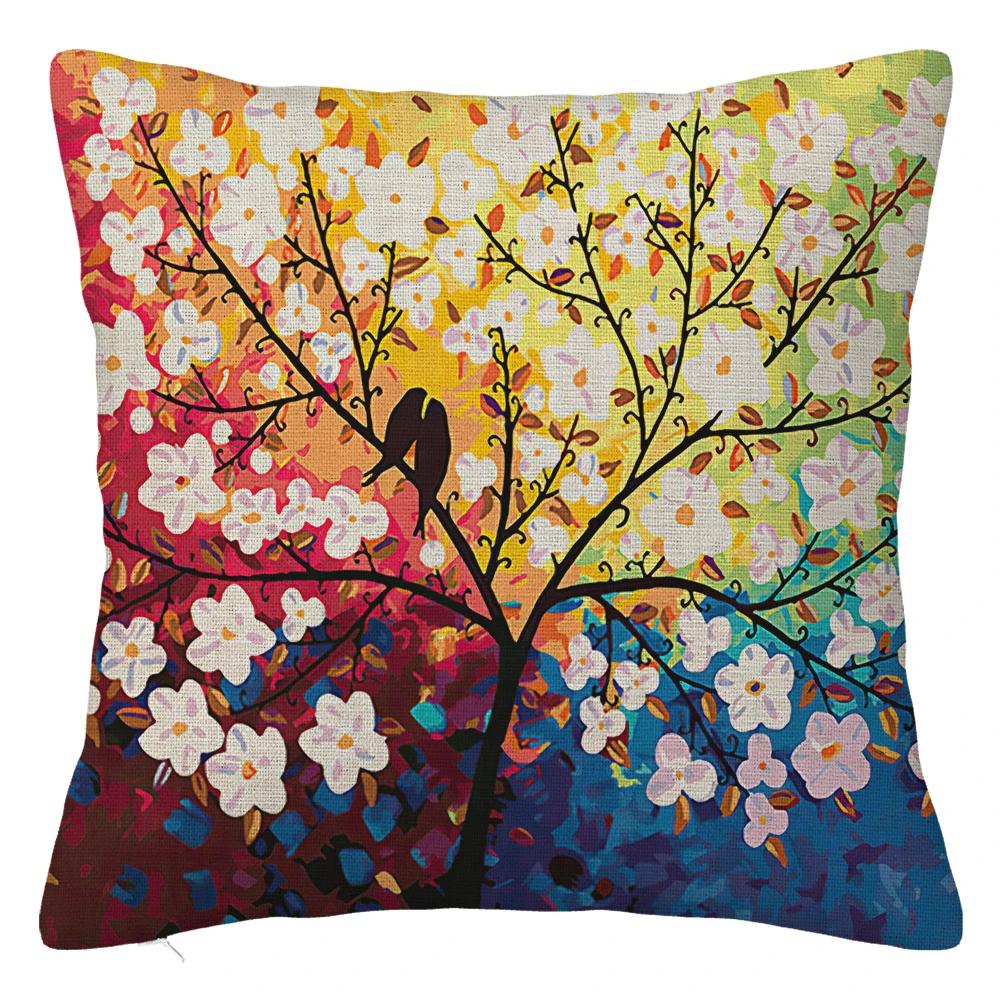 Branch Bird Flower Linen Pillowcase Sofa Cushion Cover Home Decoration Can Be Customized for You 40x40 50x50 60x60 45x45