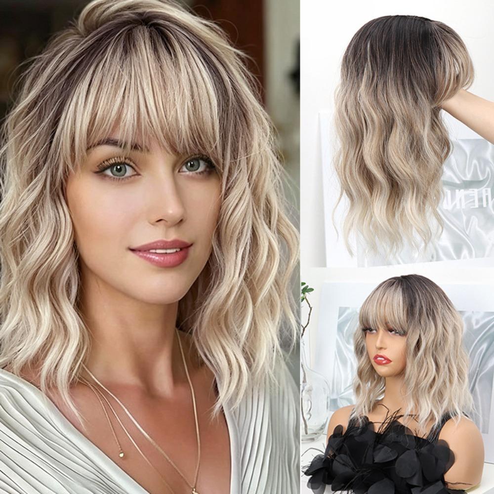 Natural Short Wavy Wig Gradient Clip-In Bangs Extension for Added Volume, Coverage, And Blend