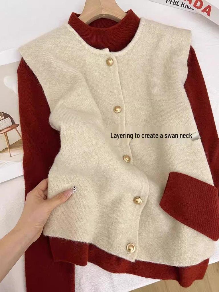 Women's New Year Limited Edition Angora Red Knit Sweater - Half-High Neck, Long Sleeve Base Layer Top for Autumn/Winter