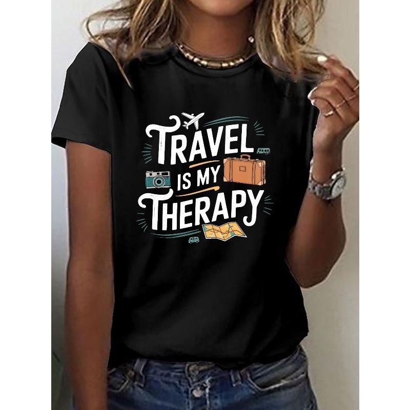 Womens Travel Is My Therapy Print Short Sleeve Crew Neck Summer Casual Tee S чёрный