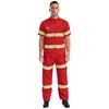 Mens Firefighter Costume Set 4 Piece Plastic Helmet Short Sleeve Jacket Pants Belt Reflective Stripes