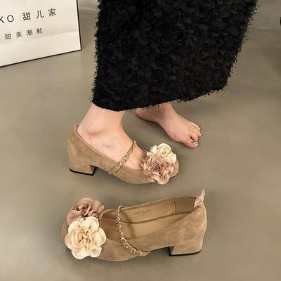 Camellia Ballet Gentle Style with Skirt Thick Heel Single Shoes Women's 2025 New Spring French Shallow Mouth Mary Jane Shoes