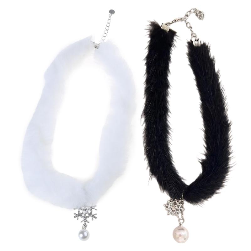 Elegant Mink Hair Plush Choker for Women Fashion Christmas Snowflake Pearl Pendant Necklace Wedding Party Jewelry Gift