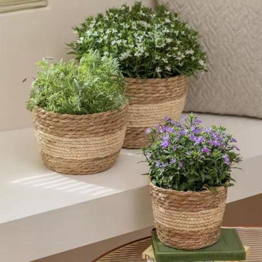 

Decorative Straw Weaving Flower Plant Pot Handmade Flower Basket Flowerpot Storage Baskets Garden S-Style B