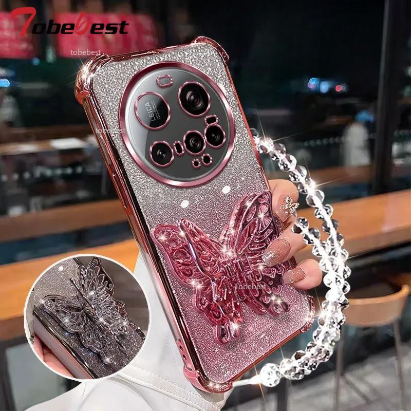 Shockproof Glitter Plating Case for Xiaomi 15 Ultra 14 14T 13 12 11 Pro Lite 3D Butterfly Phone Holder Bead bracelet Back Cover