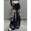 High-Waisted Wide Leg Denim Trousers Women Colorblock Painted Design Loose Fit Cropped To Floor Length Casual Chic Style