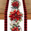Merry Christmas Poinsettia Flower Table Runner Party Decor Winter Xmas Pine Needle Plaid Dining Table Runners Navidad Decoration