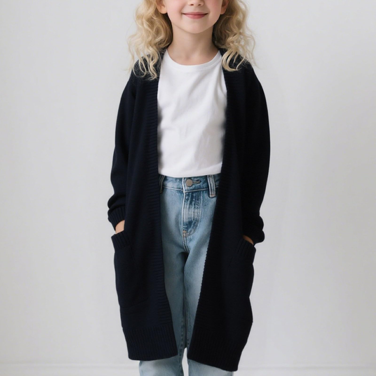 

Girls Fashion Solid-Color Oversized Pocket Knit Cardigan Long Sweater Casual Jacket 110 чорний