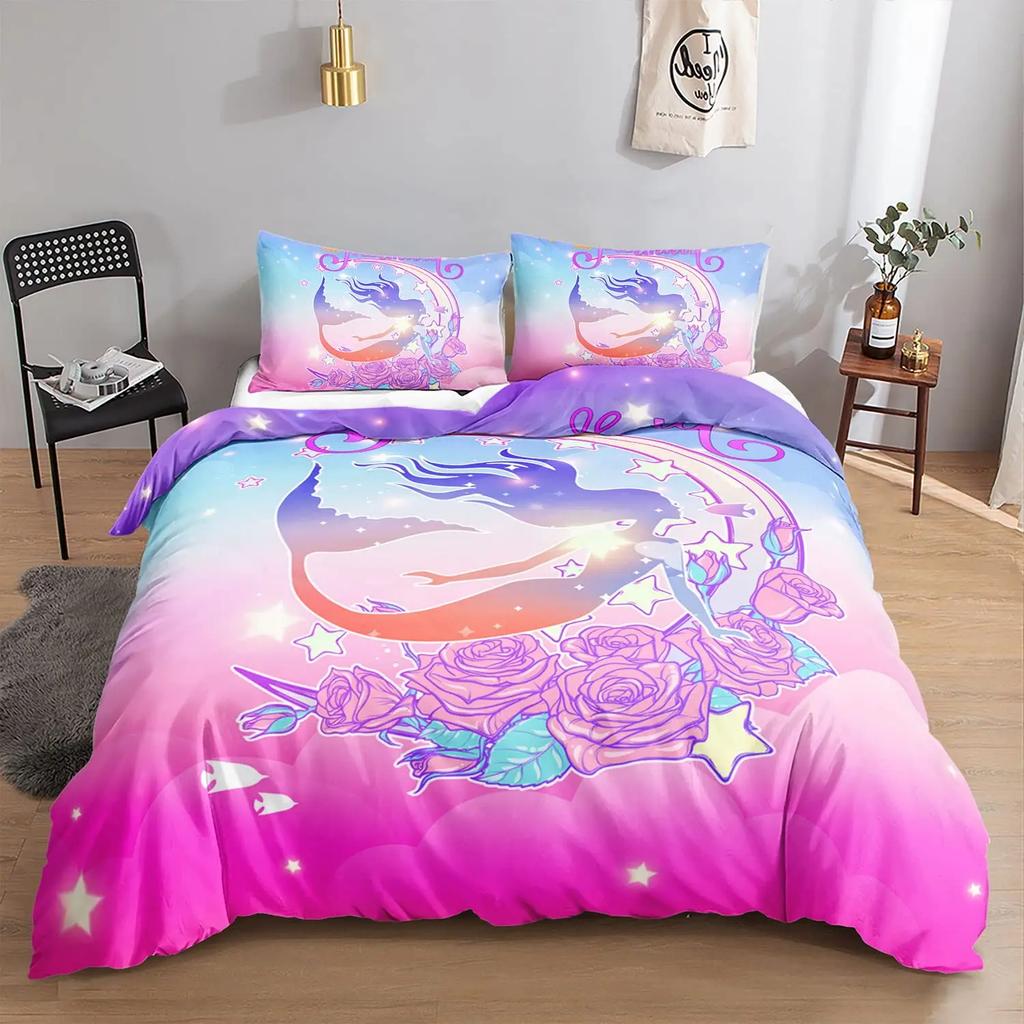 Mermaid Duvet Cover SetStarfish Blue Undersea Style Dreaming Fairy Tale Bedding Set Girly Comforter Cover Bedroom Decor Gifts