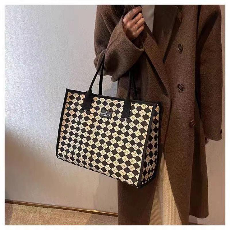 Canvas Bag Bag Women's Outing Large Capacity Plaid Versatile One-shoulder Student Tote Bag Tote Changing Bag