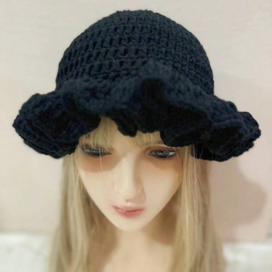 1pc Solid Color Hand-Knitted Crochet Cap, Bohemian Style Pleated Floppy Hat With Ruched Brim
