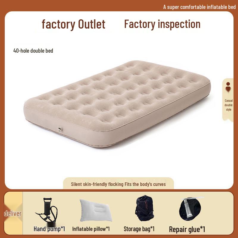 Beige Double Inflatable Camping Mattress: Portable, Thickened, and Foldable for Outdoor or Lunch Break Use.