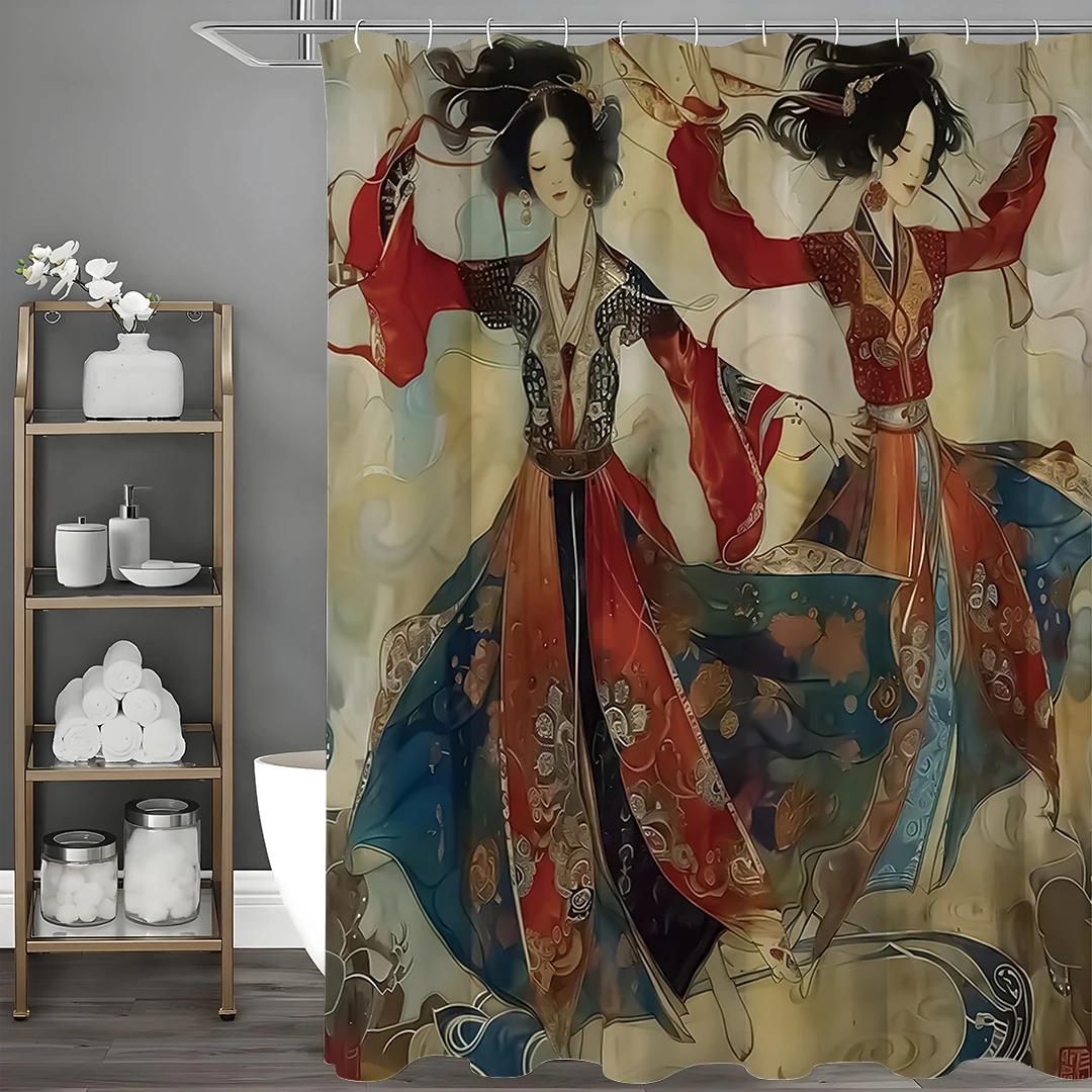 Asian Beauty Dancing Shower Curtain, Bathroom Decorative Shower Curtain, Waterproof Shower Curtain with Hooks 90X180CM