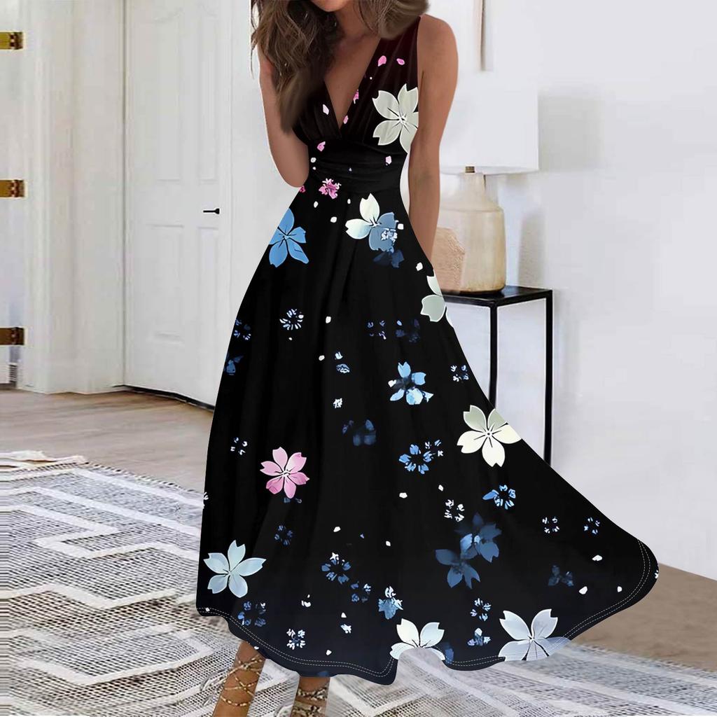 Women's Fashion Casual Loose V-Neck Sleeveless Printed Dresses